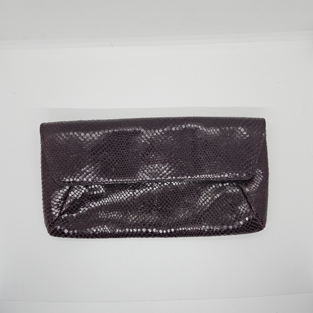 Ann Taylor dark purple leather clutch with snakeskin texture
